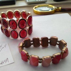 Simulated gold red oval beaded string wire costume bangle bracelet handmade pair